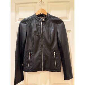 Black Rivet Womens Faux Leather Moto Jacket With Leopard Print Lining & Quilted